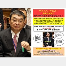 醍醐東大名誉教授らが呼びかけに使っているチラシ、左：NHK籾井会長／（Ｃ）日刊ゲンダイ