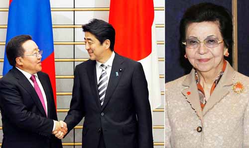 モンゴル大統領との首脳会談（左・ＡＰ）と安倍首相の母・洋子さん／（Ｃ）日刊ゲンダイ