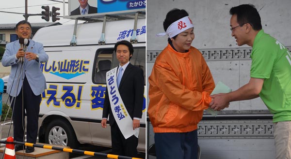地元の選挙に遠藤五輪相も必死（左）吉村知事が梅津氏を全面支援（右）／（Ｃ）日刊ゲンダイ
