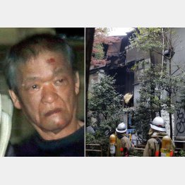 移送される春名容疑者と火災現場