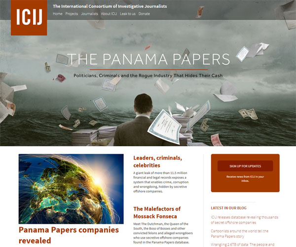 パナマ文書を公開した国際調査報道ジャーナリスト連合（ＩＣＩＪ）のホームページ