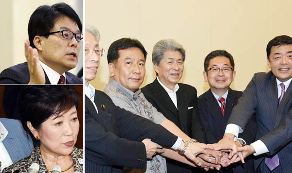（左上から反時計回りに）増田氏、小池氏、野党４党の幹部らに囲まれた鳥越氏（Ｃ）日刊ゲンダイ