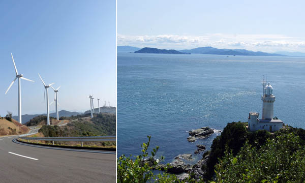 海沿いには風車が（左）・半島の突端に立つ「佐田岬灯台」／（Ｃ）日刊ゲンダイ