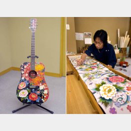加賀友禅の絹地を貼り付けたアコースティックギター（提供写真）