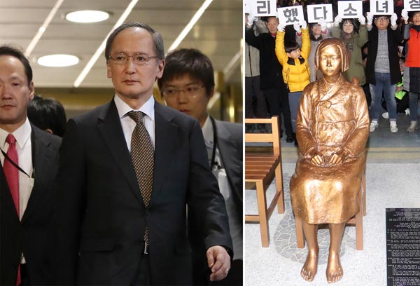抗議の帰国の長嶺大使（左・央＝ＡＰ）と釜山日本総領事館前に設置された少女像／（Ｃ）ロイター