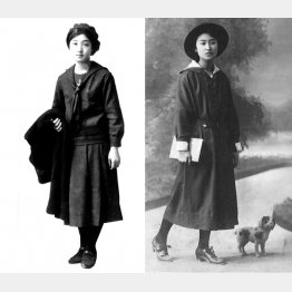 旧福岡女学校の制服（左）と平安女学院の制服（提供写真）