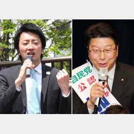 直立不動で演説する山田浩史候補（左）と“背水の陣”の加藤浩司候補（Ｃ）日刊ゲンダイ