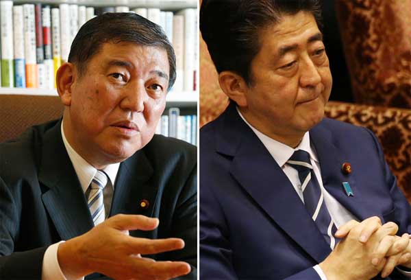 批判を強める石破元幹事長（左）と安倍首相／（Ｃ）日刊ゲンダイ