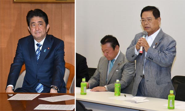 自民党「日本の明日を創る会」メンバー（写真右）と安倍首相（Ｃ）日刊ゲンダイ