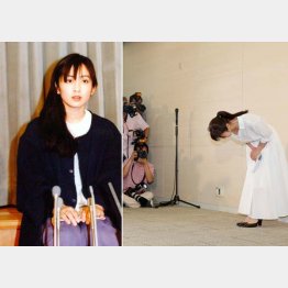 写真左は川崎麻世との不倫の謝罪会見（Ｃ）日刊ゲンダイ