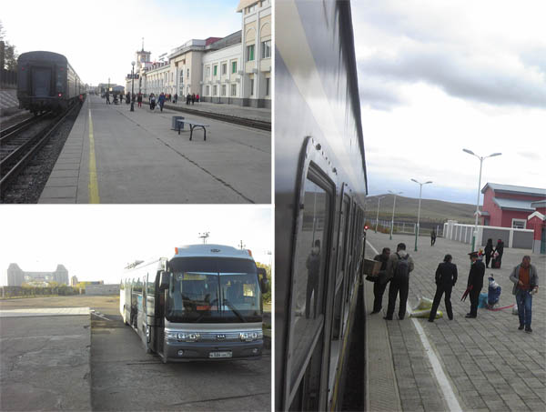 （左上から左回りに）ロシア・ザバイカリスク駅、満州里行きのバス、中国・ハンダガヤ駅／（提供写真）