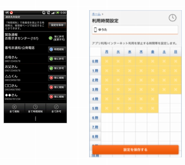 「通話相手先制限機能」画面（左）と「利用時間設定」画面（提供）KDDI株式会社