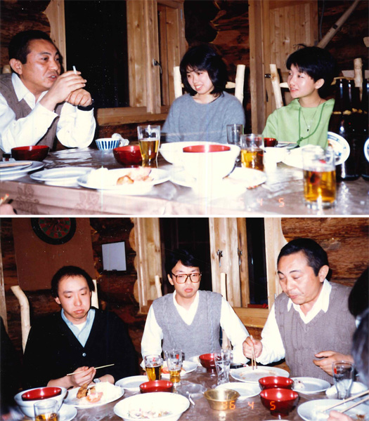 塾生と食卓を囲む倉本氏。上段写真の中央が吉田さん、下段写真の中央が田子さん（いずれもＦ．Ｃ．Ｓ．提供＝８６年撮影）