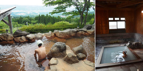 白鳥温泉上湯の露天風呂（左）と栗野岳温泉・南洲館の桜湯（写真提供=飯出敏夫氏）