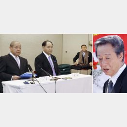 相撲協会の八角理事長（左）と尾車事業部長（左中央）と小林元顧問（Ｃ）共同通信社