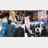 引き裂かれる反アベの横断幕（左）、ノボリで反アベ隠し／（Ｃ）日刊ゲンダイ
