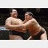 稀勢の里（左）を攻める白鵬（Ｃ）共同通信社