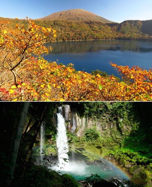 紅葉が美しい火山湖「大浪池」（上）龍馬が新婚旅行で訪れた「犬飼滝」（Ｃ）日刊ゲンダイ