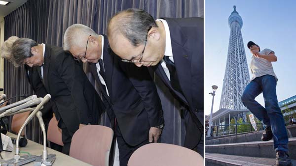 東京スカイツリーは225基使用（左は、謝罪するＫＹＢの中島康輔社長ら）／（Ｃ）共同通信社