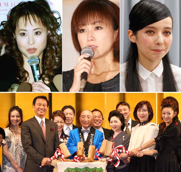 上は左から松田聖子、酒井法子、ベッキー、下は相澤会長の喜寿のお祝いとサンミュージック創業40周年（Ｃ）日刊ゲンダイ