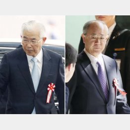 官邸に入る日本新聞協会会長（左）と民放連会長（Ｃ）共同通信社