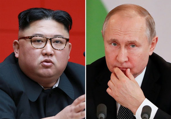 （左から）金正恩朝鮮労働党委員＝ロイター／KCNA、プーチン露大統領＝ロイター