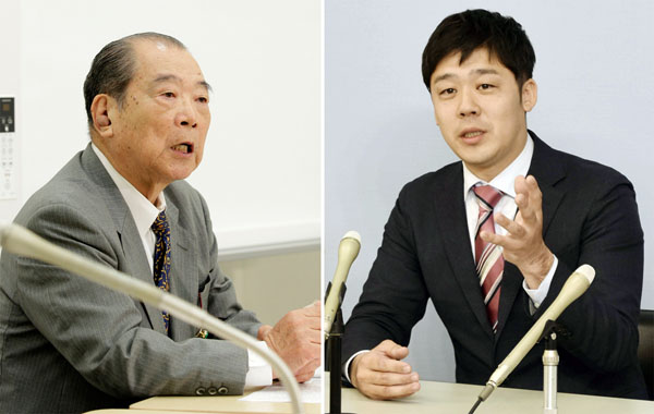 徳島県庁で記者会見する共産党の松本顕治氏と、左は国民民主党高知県連顧問の平野貞夫氏（Ｃ）共同通信社