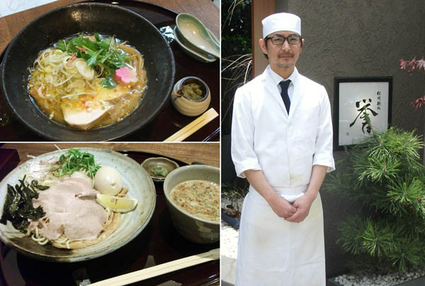 真鯛の塩ラーメン（左上）、豚骨しょうゆつけ麺（左下）、料理長の濱慶太郎さん（右）／（Ｃ）日刊ゲンダイ