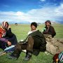 チベットで凄まじく青い空の下に広がる草原のカーペットを