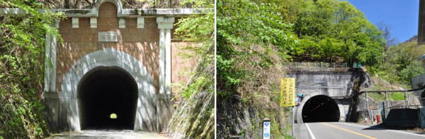 笹子隧道（左）と現在の国道20号（提供写真）