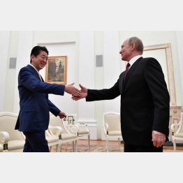 プーチン大統領と握手する安倍首相（Ｃ）ロイター