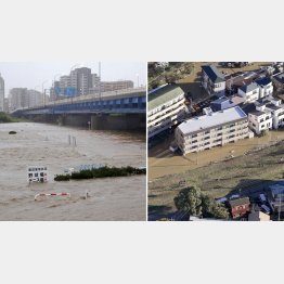 東京・世田谷区の多摩川が氾濫（左）、対岸の神奈川県川崎市高津区も浸水（Ｃ）共同通信社