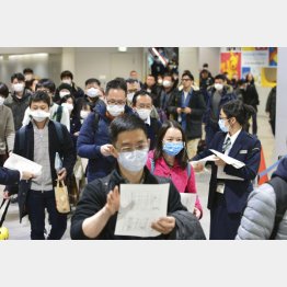「健康カード」を受け取る中国からの到着客（関西空港）／（Ｃ）共同通信社