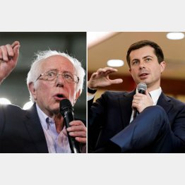 2020年米大統領選、民主党のB・サンダース候補（左）とP・ブティジェッジ候補（Ｃ）ロイター