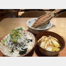 わらづ納豆に「しらすかけご飯とお味噌汁のセット」（950円）／（Ｃ）日刊ゲンダイ