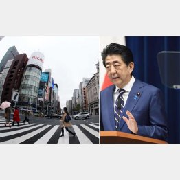 「瀬戸際の状況」と会見する安倍首相と人が消えた週末の東京・銀座（Ｃ）共同通信社