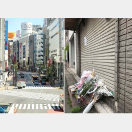 GW明けも街は閑散（東京・渋谷＝左）、とんかつ店には店主を偲び献花が（Ｃ）日刊ゲンダイ