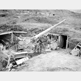 アリューシャン列島アッツ島ホルツ湾の海岸に、敗北した日本軍が残した砲（1943年7月、米陸軍通信隊公式写真）