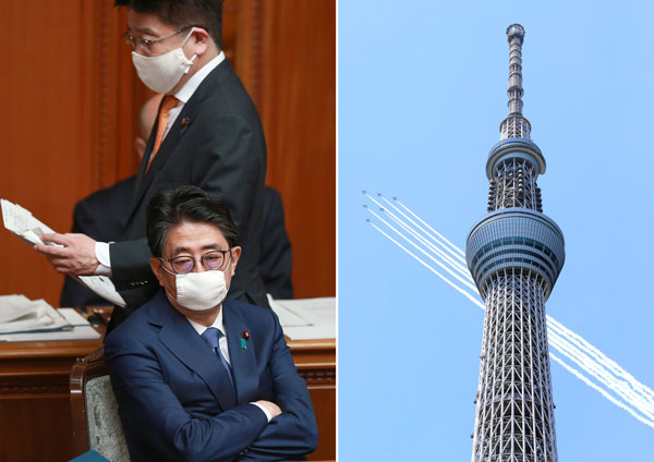 検証は不可欠（写真右は医療従事者らに敬意と感謝の気持ちを示すため、東京上空を通過するブルーインパルス）／（Ｃ）日刊ゲンダイ