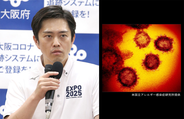 左は吉村大阪府知事、右は新型コロナウイルスの顕微鏡写真（Ｃ）日刊ゲンダイ