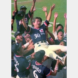 1992年バルセロナ五輪の野球で米国を破り銅メダルを獲得し胴上げされる筆者（Ｃ）共同通信社