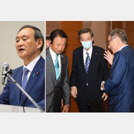 安倍首相の決まり文句のオウム返し。国家観がない菅官房長官（左）に乗る5派閥の浅ましさ（3派閥会見＝右）（Ｃ）日刊ゲンダイ