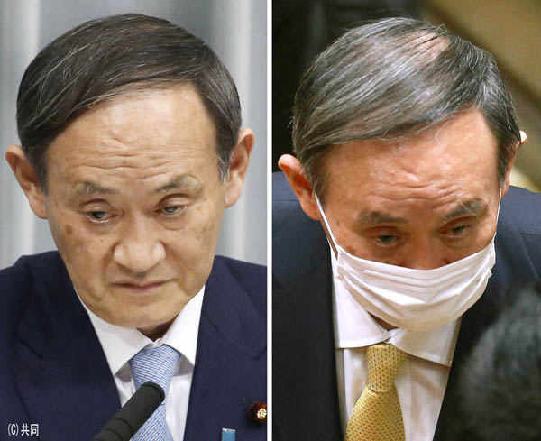 昨2020年1月の官房長官時代の会見（左）と26日の予算委での菅首相（Ｃ）日刊ゲンダイ