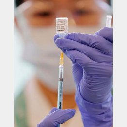 注射器に吸入される新型コロナウイルス感染症ワクチン（代表撮影）