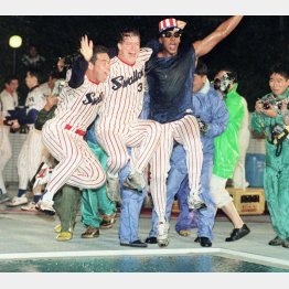 1995年の日本シリーズ優勝祝勝会でプールに飛び込む（左から）大野、オマリー、ミューレン。ここで事件が…（Ｃ）共同通信社