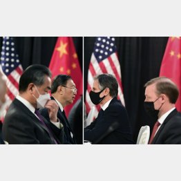 米アンカレジで会談した米国のブリンケン国務長官（右2）とサリバン大統領補佐官、中国の楊潔篪・共産党政治局員（左2）と王毅国務委員兼外相（Ｃ）AP=共同