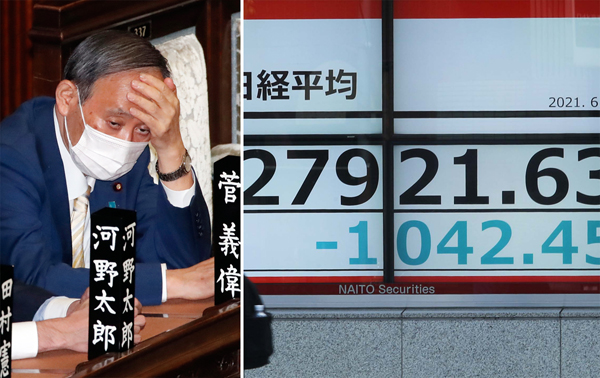 日本経済、一人負け（菅首相と昨21日の日経平均株価）／（Ｃ）日刊ゲンダイ