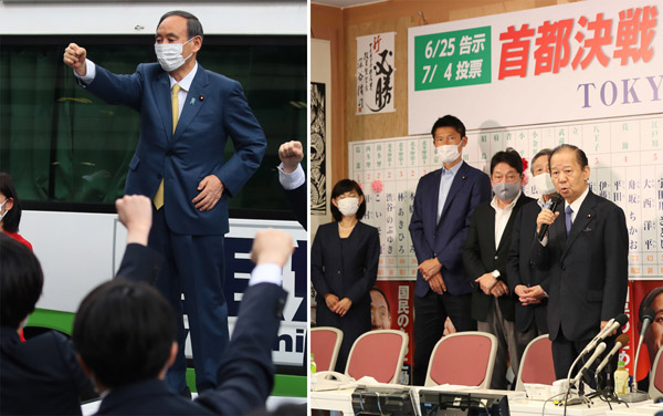 菅首相がマイクを握ったのは告示日だけ（左）総裁不在の自民党本部はお通夜ムード（Ｃ）日刊ゲンダイ