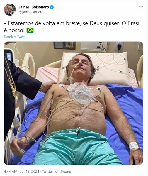 ブラジルのボルソナロ大統領が自身のツイッターに投稿した写真。メッセージには「皆の支援と祈りに感謝する」と（Ｃ）共同通信社