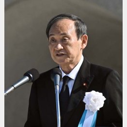 6日、平和記念式典であいさつをする菅首相（Ｃ）共同通信社